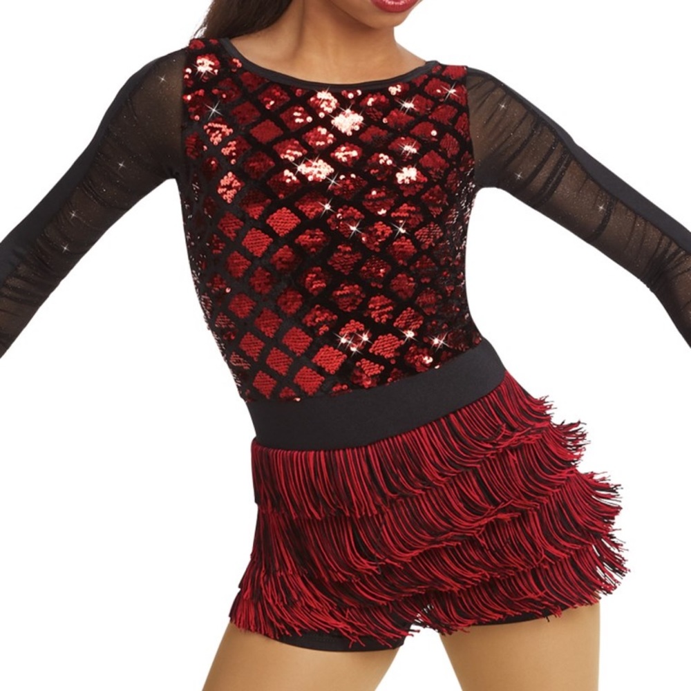 Weissman Showtime #11475 Long Sleeve Dance Costume Black and Red Fringe